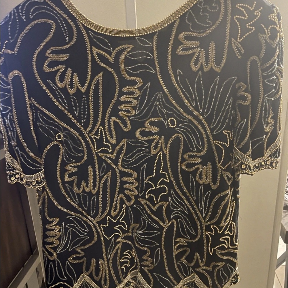 Laurence Kazar Black Blouse with Gold Beaded Floral Embroidery